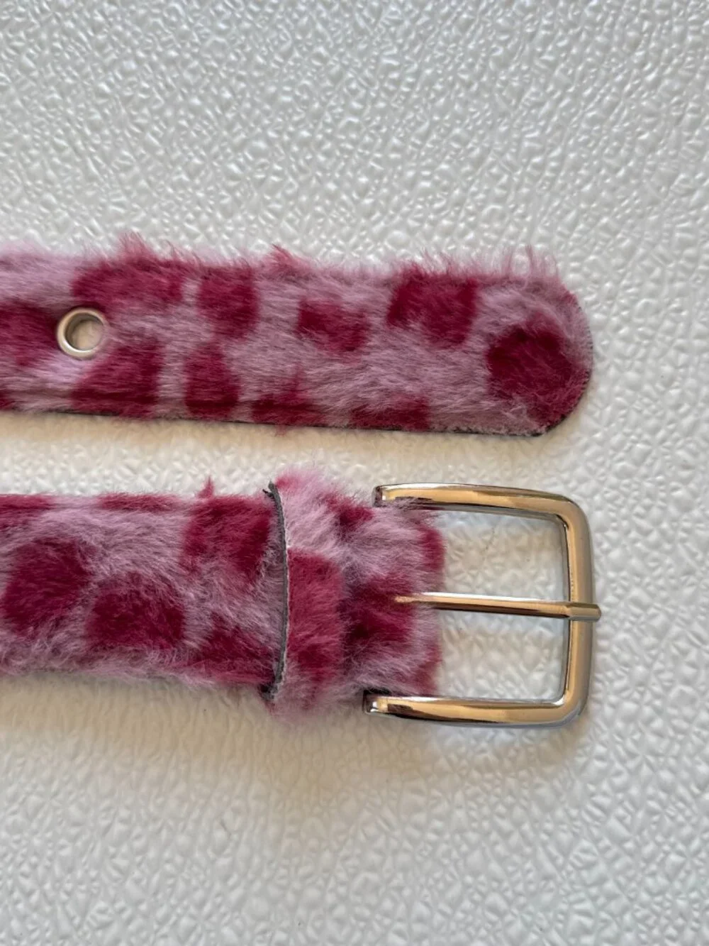 Pink Leopard Print Faux Fur Belt Silver Buckle Y2K